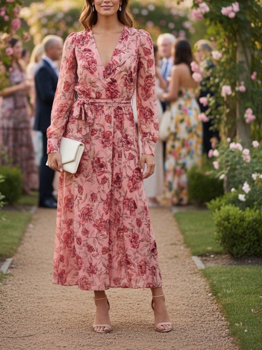 ANABESS NWT Lined Pink Floral V-Neck Maxi Dress Long Sleeve
